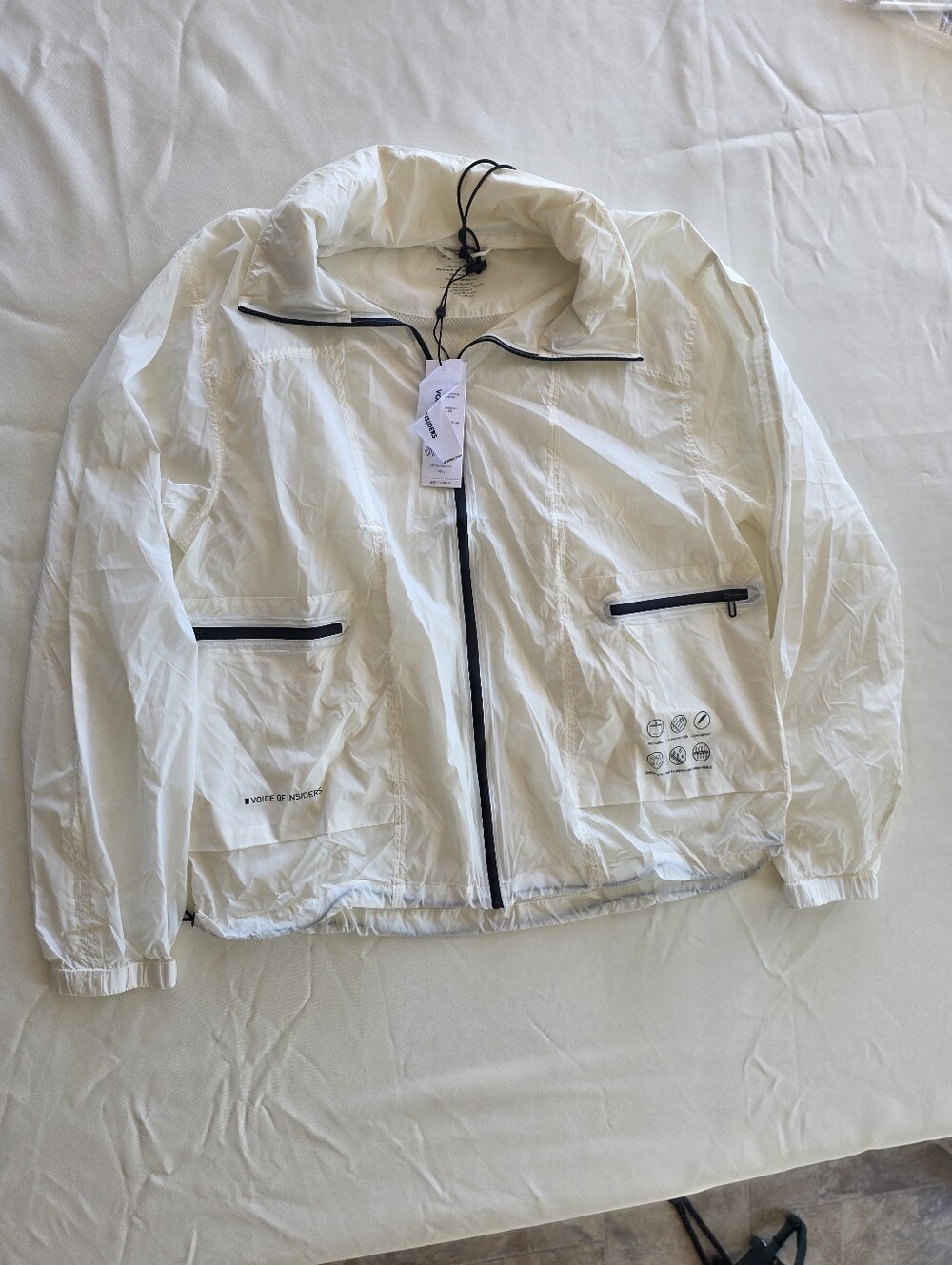 NWT Unisex White Lightweight Windbreaker Jacket with Black Trim